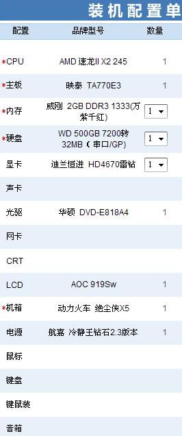 2010年 2000元 最新电脑配置单